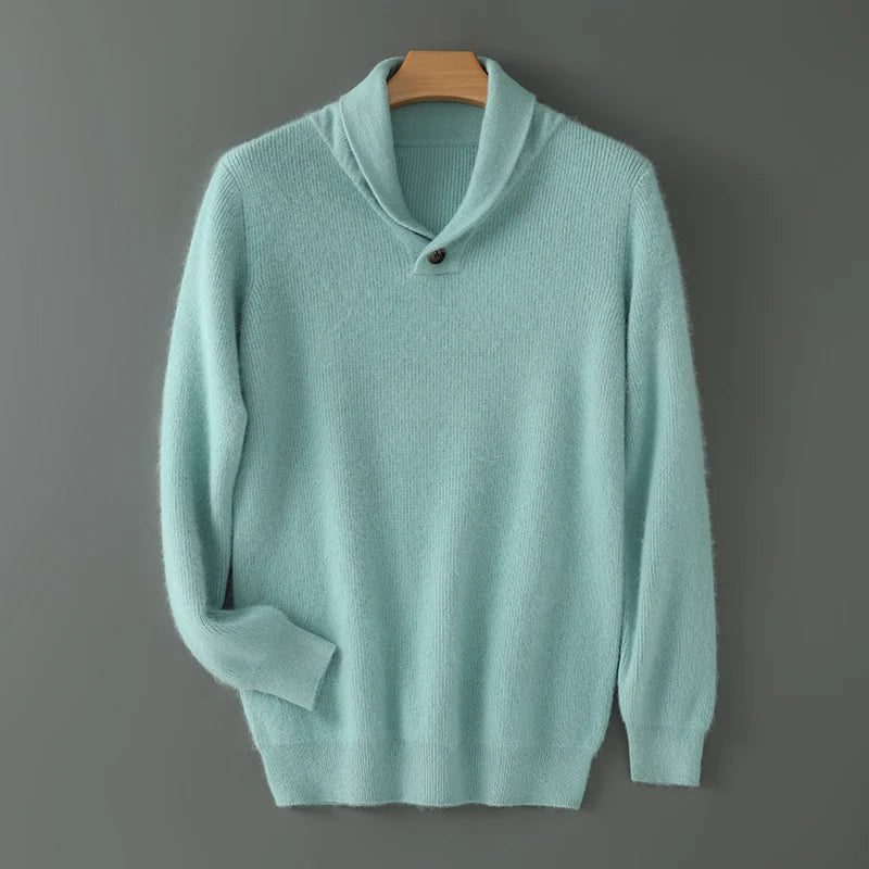 New 100% mink velvet men's olive neck knitted sweater in autumn and winter: solid color loose padded casual bottoming shirt.