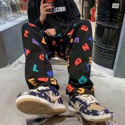 Men's Plus Size Printed Pants Loose Fit Korean Style Sports Joggers Autumn Casual Long Trousers Big Size Fashion for Daily Wear