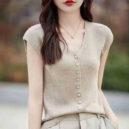 Women's Clothing New Fashion V-neck Knit Tops Summer Casual All-match Thin Sleeveless Tanks Lady Solid Single-breasted Cardigan