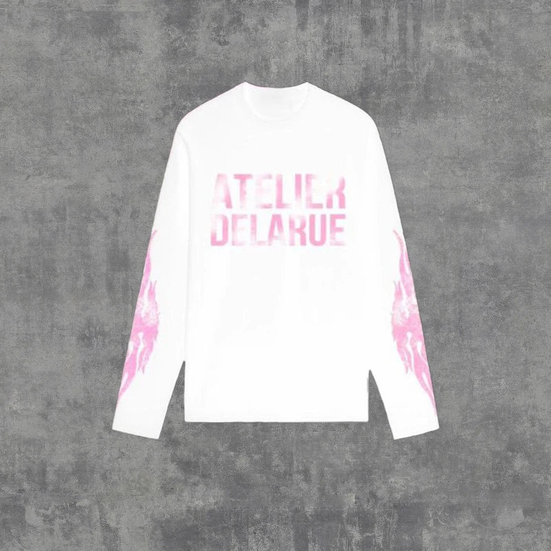 Y2K Harajuku Retro Niche Long Sleeve Print Letter Flame Tops New Fashion Casual Comfortable Streetwear Unisex Oversized Clothes