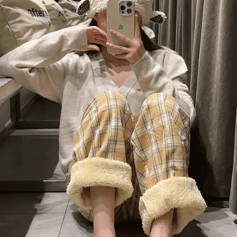 Thickened Fleece Straight Leg Pants Winter New Style Lamb Velvet Plaid Women's High Waist Warm Casual Wide Leg Pants