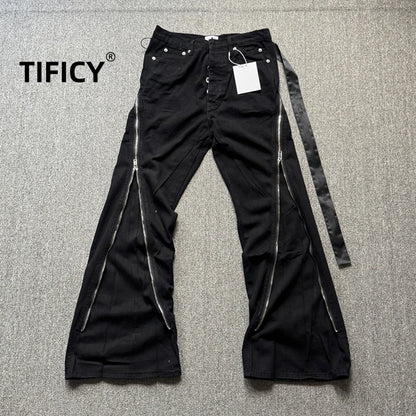 High Street RO Style Jeans Pants Men's Five Star Mang Ribbon Rotating Large Zipper Floor Pulling Horn Denim Streetwear Pants