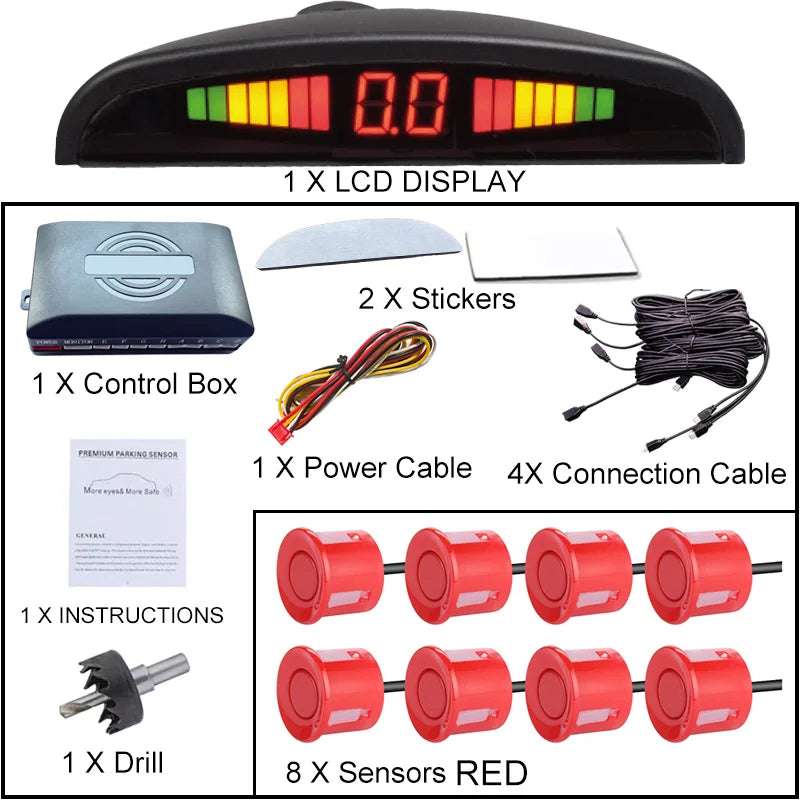 8 Parking Sensors Car Reverse Radar LED Display Buzzer Reverse Assist System Rear Detection Kit