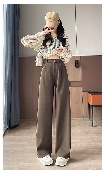 Seoulish Autumn Elegant Women's Wide Leg Pants 2024 New Korean Solid Button Casual Loose Office Full Length Trousers Female