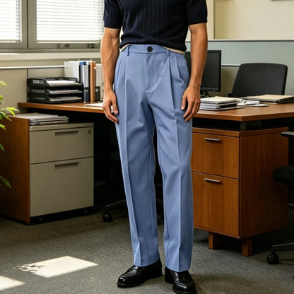Men High Waist Pleated Suit Pants Straight Wide Leg Loose Fit Trousers Breathable Lightweight Business Office Formal Wear