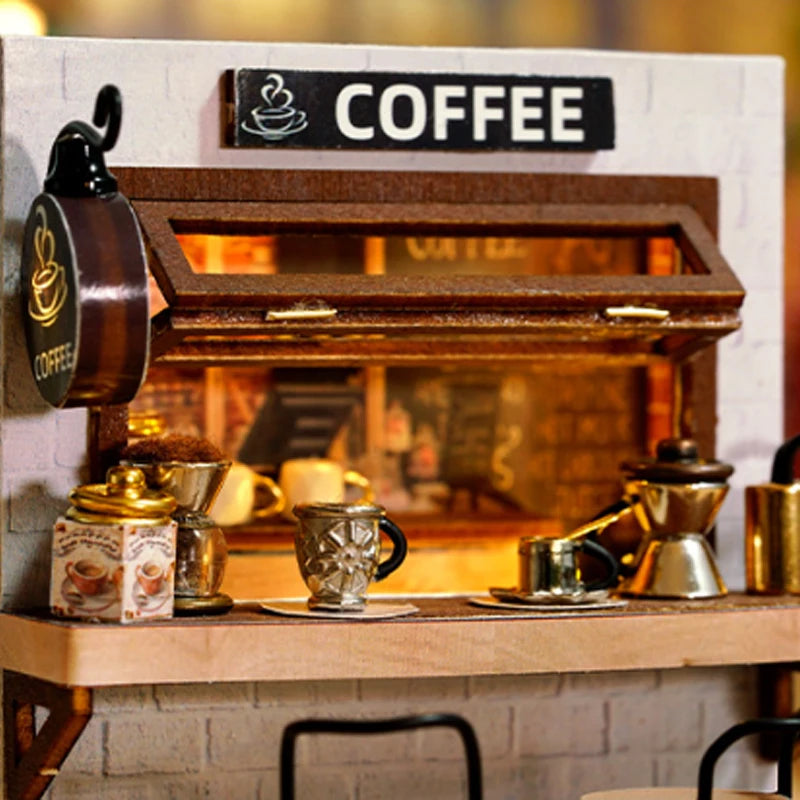 Coffee Shop Mini Doll House DIY Small House Kit 3D Puzzle Assembly Building Model Toys Home Bedroom Decoration With Furniture