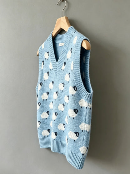 Women's plus size sheep pattern round neck knitted vest, casual and elegant spring and summer women's clothing