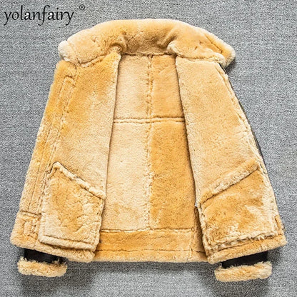 2023 Men's Real Fur Aviator Leather Jacket High Quality B3 Thick Winter Heavy Bomber Jackets For Men Retro Sheepskin Wool Coats