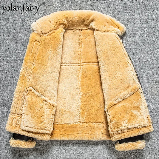 2023 Men's Real Fur Aviator Leather Jacket High Quality B3 Thick Winter Heavy Bomber Jackets For Men Retro Sheepskin Wool Coats