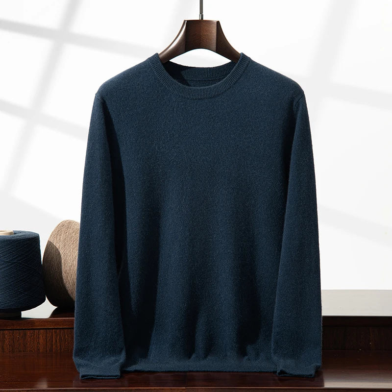 100% Cashmere Men's Pullover Business Casual Solid Knitted Sweater Loose Pull Round Neck Collar Tops Basic Versatile Jumper