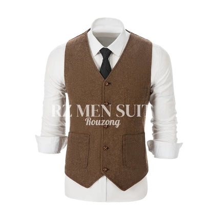 Mens Vintage Tweed Suit Vest V Neck Casual Wool Waistcoat for Wedding Groomsmen chaleco hombre