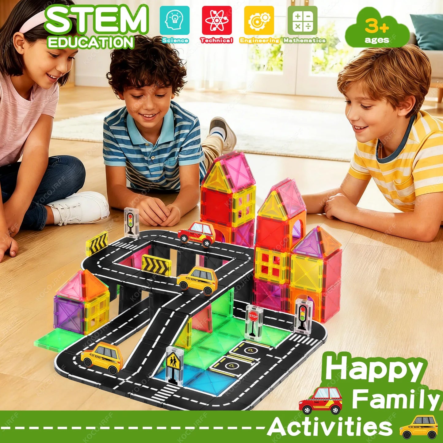 Magnetic City Road Building Set with Magnetic Signs & Toy Cars, Kids STEM Educational Toy. Safe Magnetic Blocks for Boys & Girls