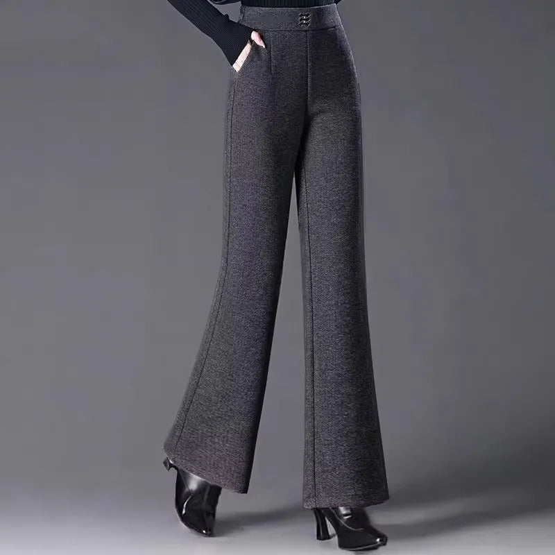 Women's Woolen Flared Pants High Waist Elastic Polyester Fiber Warm Casual Trousers for Autumn Winter 2025 New Style