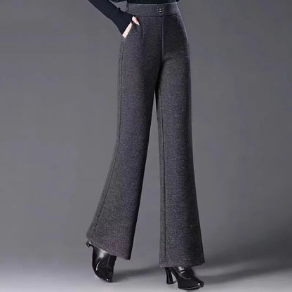 Women's Woolen Flared Pants High Waist Elastic Polyester Fiber Warm Casual Trousers for Autumn Winter 2025 New Style
