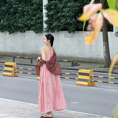 Summer Pink Strapless Maxi Dress Women's Loose plus Size Casual Slimming Skirt Sleeveless Long Dress Holiday Style