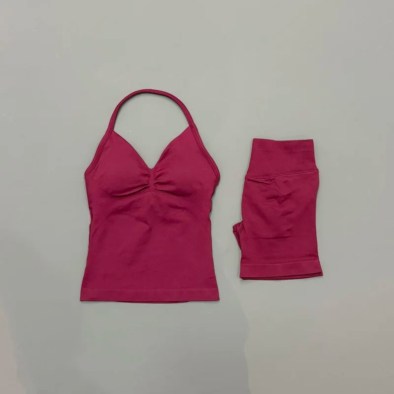 HISTELLO 2 Pieces Sports Set Women Yoga Longline Strap Top Scrunch Seamless Shorts Sport Gym Set Sportswear Workout Fitness Set