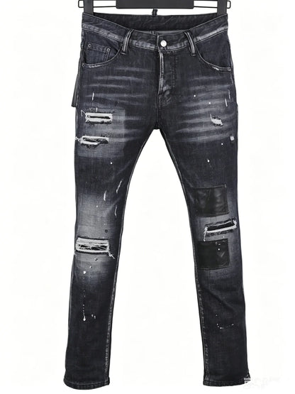 6058 Four Seasons New Men's Wash Grinding Hole Patch Paint Splash Ink Micro-bullet Leg Grey Jeans for Men