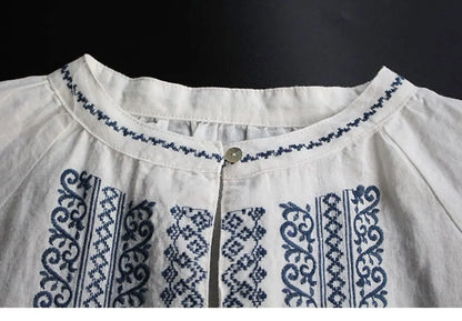 Retro Embroidered Cotton Linen Long Sleeve Women's Shirt Thin Top Large Size Cotton Linen Long Sleeve T-Shirt Commute Wear