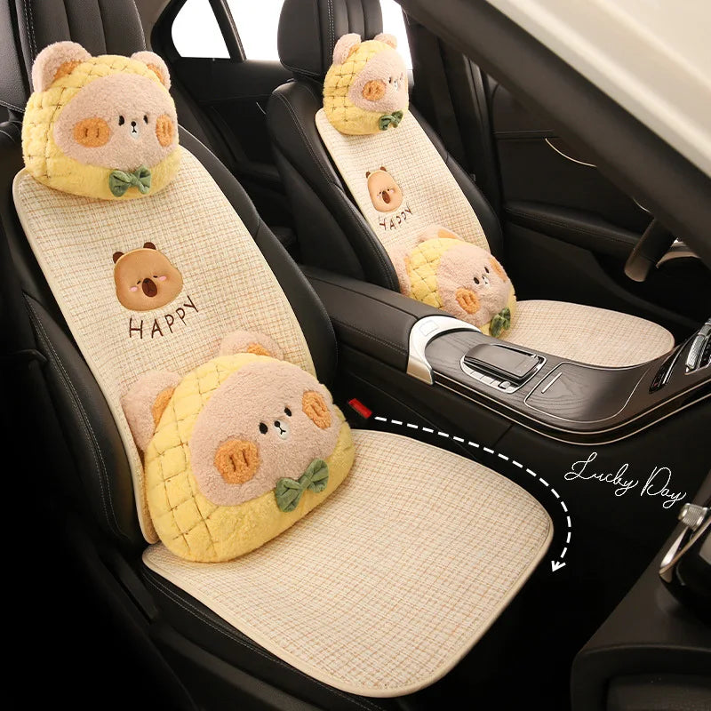 Bear Plush Seat Cushion Cover Universal Skin-Friendly Cute Soft Car Pillow Case Autumn Winter Decorative Seat Accessories