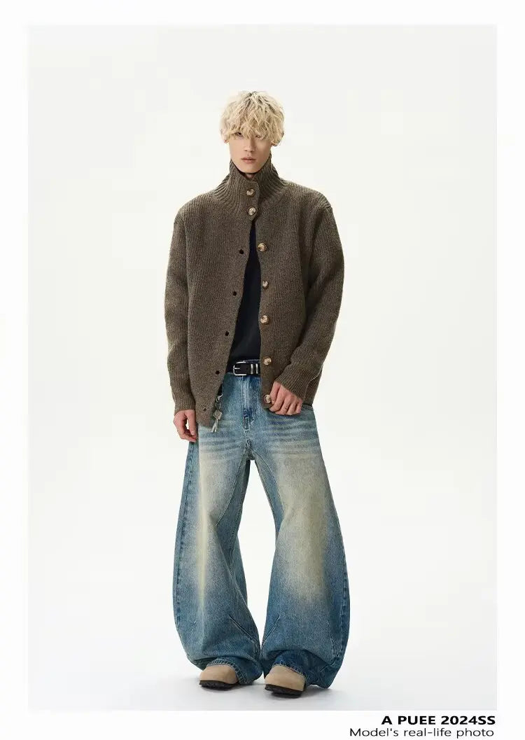 2025 autumn and winter new American retro solid color stand up collar knitted cardigan men's loose button fashionable versatile