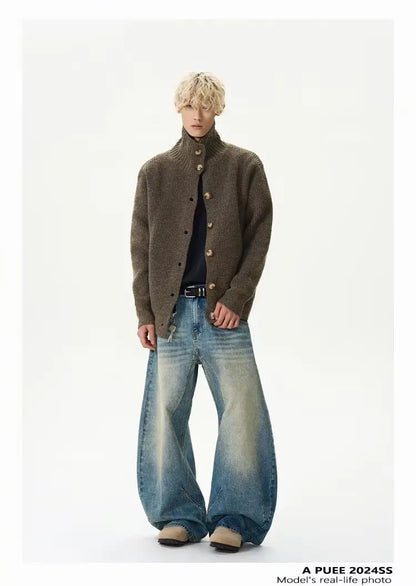 2025 autumn and winter new American retro solid color stand up collar knitted cardigan men's loose button fashionable versatile