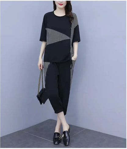 Summer New Style Women's Sporty Casual Short Sleeve TT Shirt Set Large Size Two-Piece Fashionable Korean Trendy Outfit