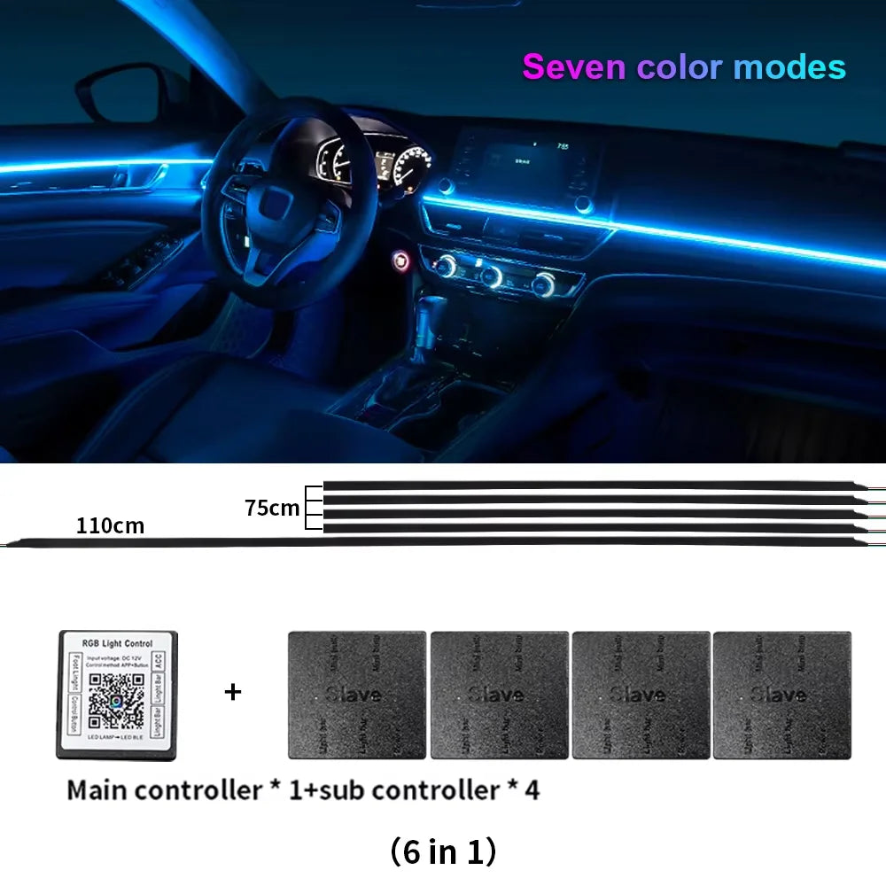 18 in 1 Dual Zone Symphony Streamer Car Ambient Light RGB 64 Colors Interior Rainbow Acrylic Strip Atmosphere Lighting kit App
