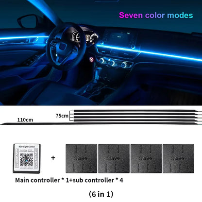 18 in 1 Dual Zone Symphony Streamer Car Ambient Light RGB 64 Colors Interior Rainbow Acrylic Strip Atmosphere Lighting kit App