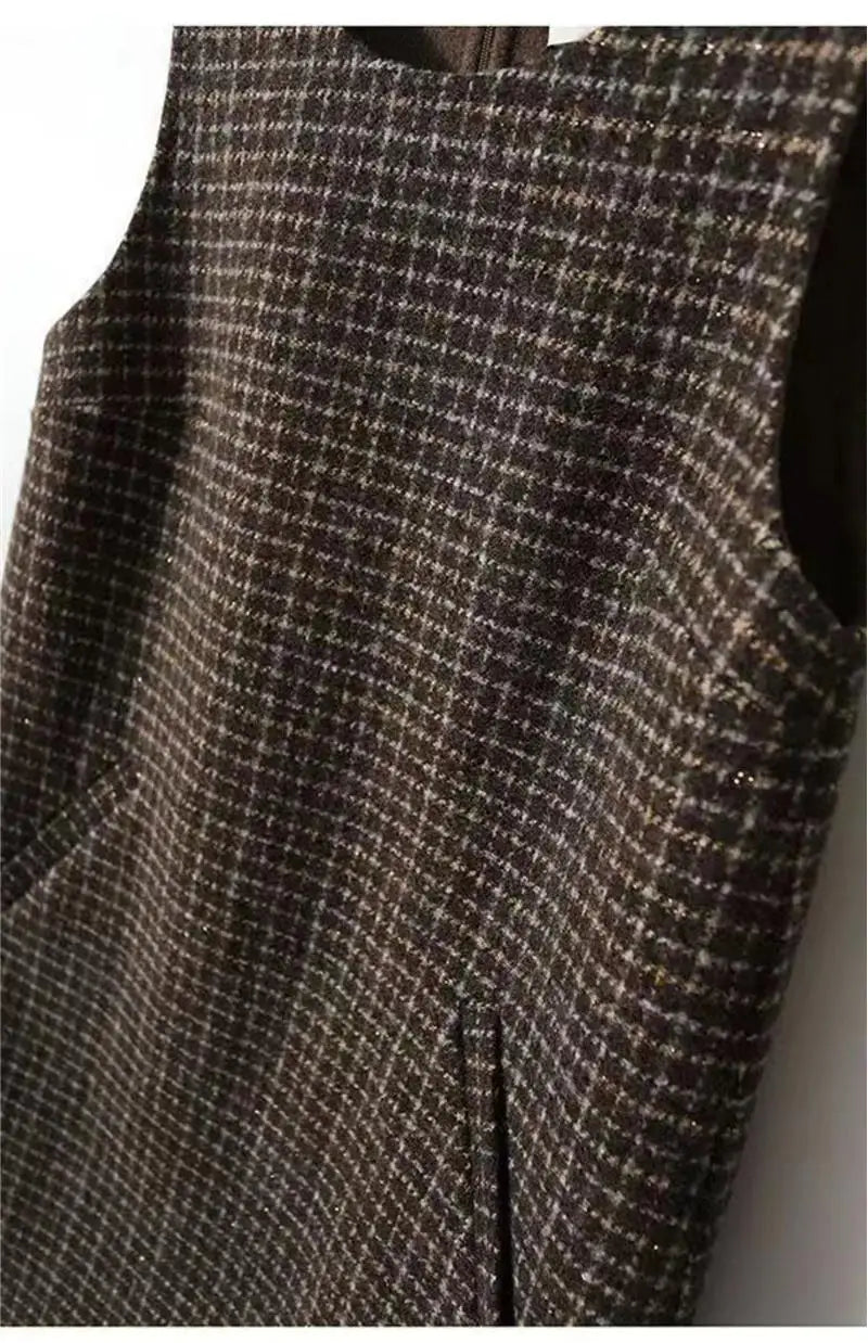 Retro Plaid Woolen Vest Dress Women's Autumn Winter Thickened Mid-Length Sleeveless H-Shape round Neck Backless Midi Dress