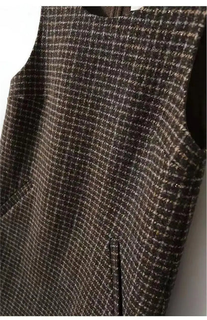 Retro Plaid Woolen Vest Dress Women's Autumn Winter Thickened Mid-Length Sleeveless H-Shape round Neck Backless Midi Dress