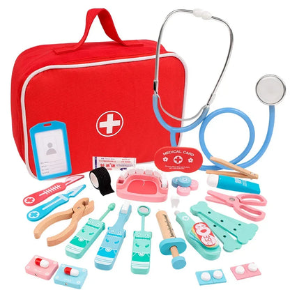 Pretend Play Doctor Toys Wooden Simulation Dentist Check Brush Teeth Medicine Set Role Playing Educational Toys For Children Kid