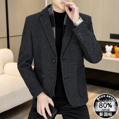 New Down Blazer Men's Business Gentleman Korean Wedding Fashion Trend Slimming Solid Color Casual High-end Down Woolen Blazer