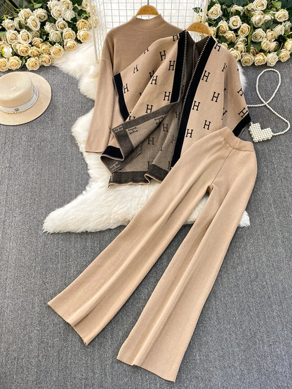Faionable Knitted Tee-Piece Set Women's Loose Fit Autumn Winter Cardigan Embroidered Letter Sweatirt Wide Leg Pants