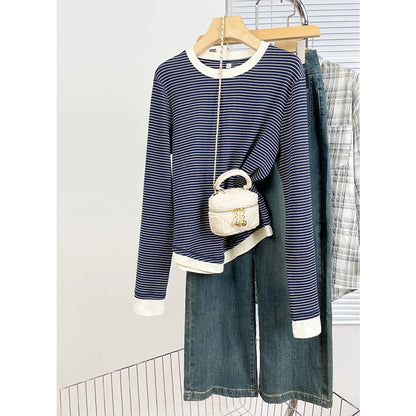 Spring New Style Color Block Long Sleeve round Neck Base Shirt Women's Retro Striped T-Shirt Asymmetrical Hemline Casual Cotton