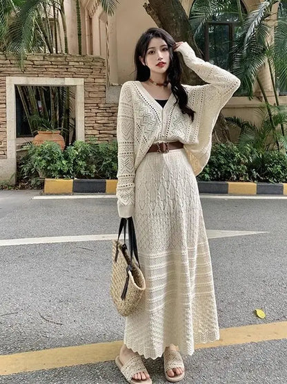Kumikumi Lazy Style Hollow out Knitted Cardigan Jacket Women's High Waist  Skirt Fashion Set Spring 2025 Acrylic Fabric