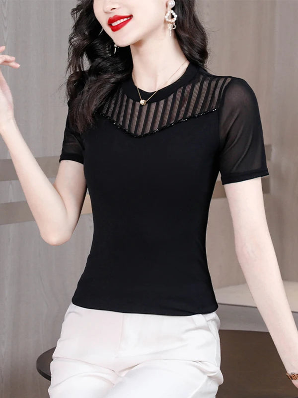 Lace Short Sleeve Slim Fit T-Shirt Women's Summer New Netting Thin Style round Neck Regular Length Pure Color Commute Style