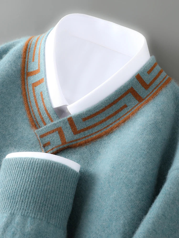 Autumn and winter new men's V-neck 100% pure cashmere sweater thick long sleeve contrast cashmere knitting fashion.