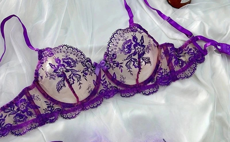 Red Ensemble Lingerie Broderie Florale Transparent Armature Push Up Coupe Ultra Fine Soutien-Gorge String Style Pure Désir Femme