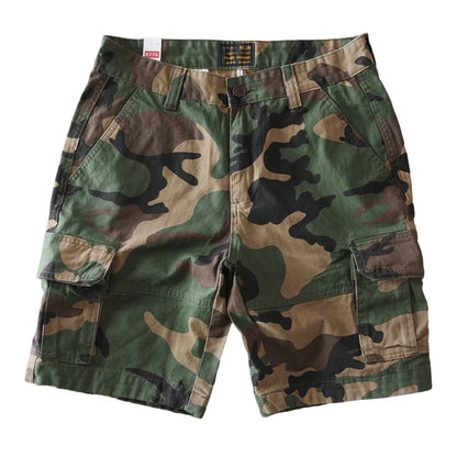 Summer New American Retro Camouflage Multi-pocket Casual Cargo Shorts Men's 100% Cotton Washed Youth Sports Knee Length Pants