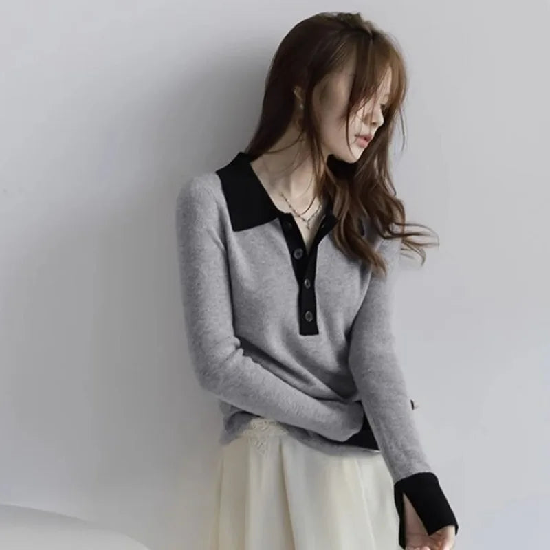 Long Sleeve Female Tee Knitted Button Women's Polo Shirts Contrasting Colors T-shirts Youthful Clothes Pretty Polyester on Offer