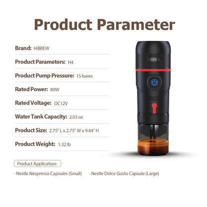HiBREW Portable Coffee Machine for Car & Home,DC12V  Expresso Coffee Maker Fit Nexpresso Dolce  Pod Capsule  Coffee Powder H4