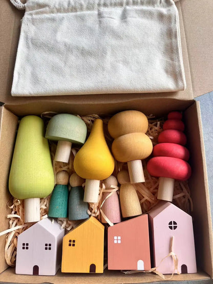 Kids Wooden Toys Pastel Nordic Buiding Blocks Stacking Crochet House  Animals Rainbow Forest Trees