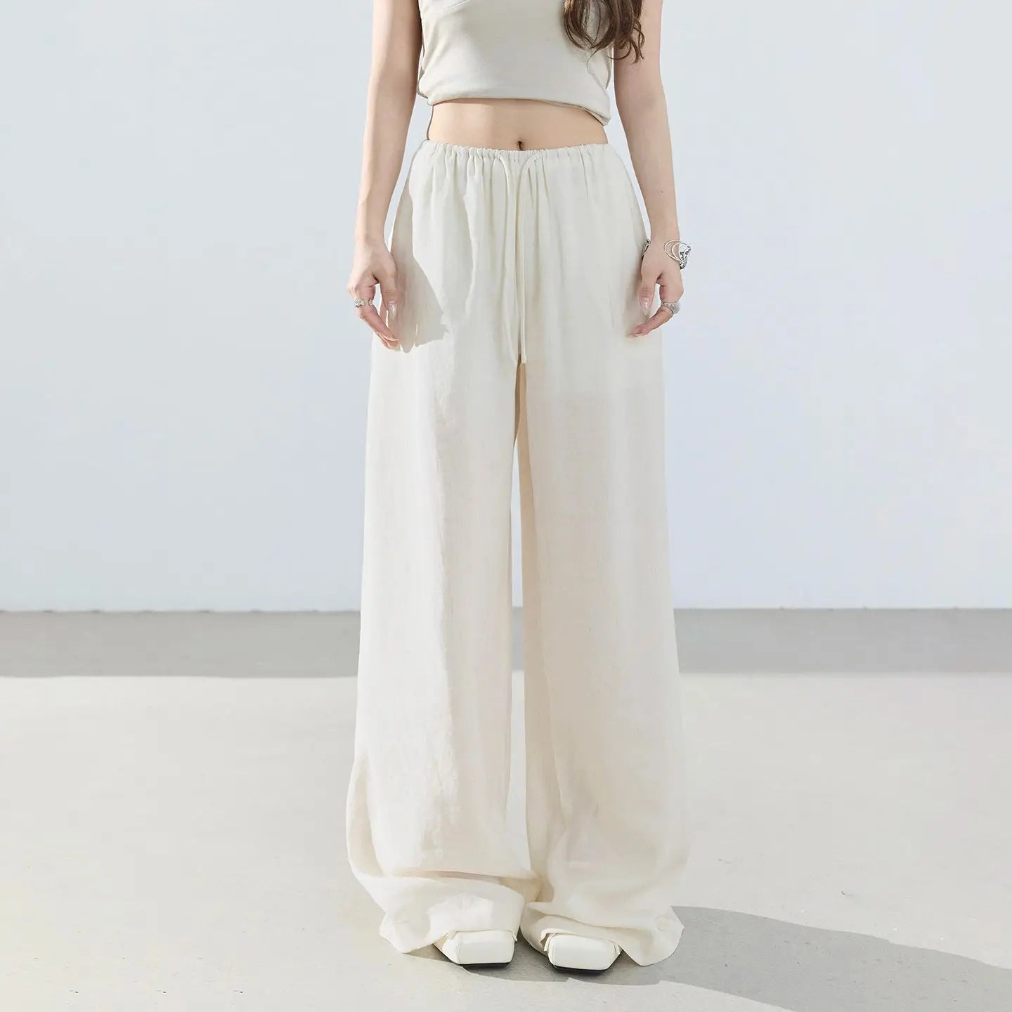Loose wide-leg pants, classic style, drapey floor-length with drawstring, versatile thin linen straight casual pants for women