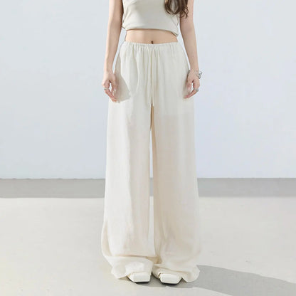 Loose wide-leg pants, classic style, drapey floor-length with drawstring, versatile thin linen straight casual pants for women