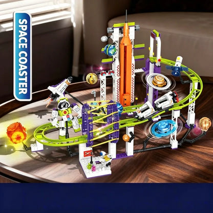 Space-themed roller coaster building block set, includes connectable circular track assembly components, a rotatable rocket laun