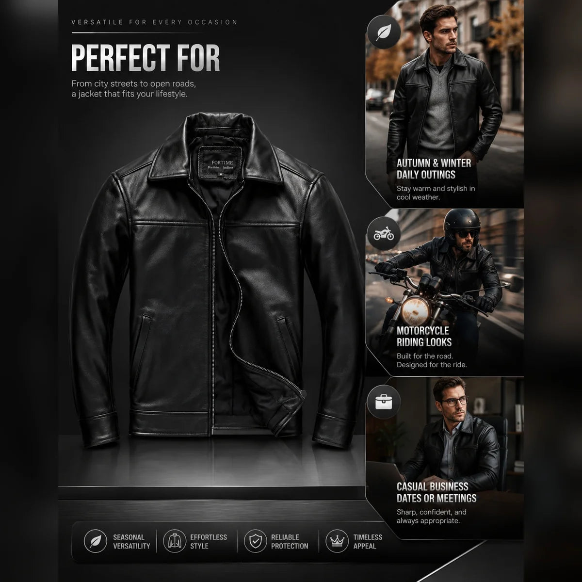 Men's Genuine Cowhide Leather Jacket Black Lapel Biker Coat Slim Fit Wind Proof Motorcycle Zip Up Casual Autumn Winter Outerwear