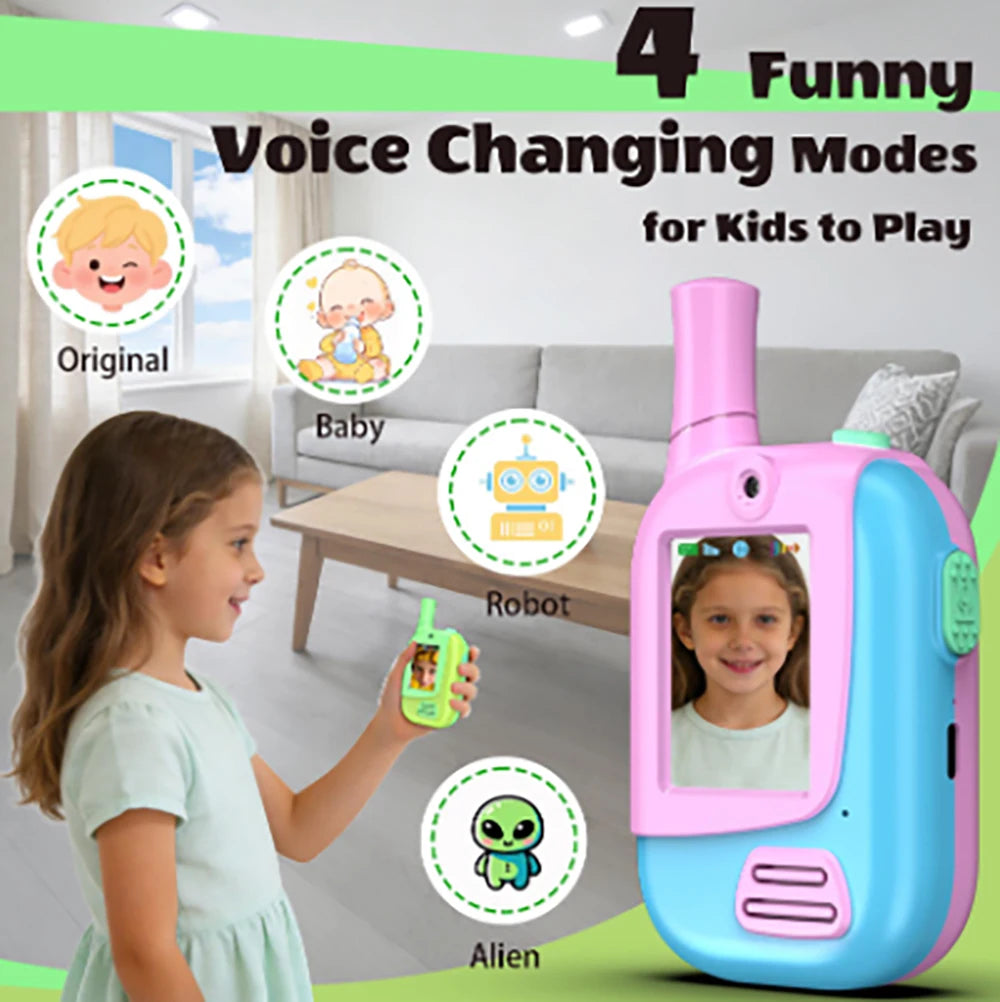 2 Pack Rechargeable Kids Video Walkie Talkies with 4 Voice Changer Functions | Indoor & Outdoor Games, Camping, Hiking, Travel |