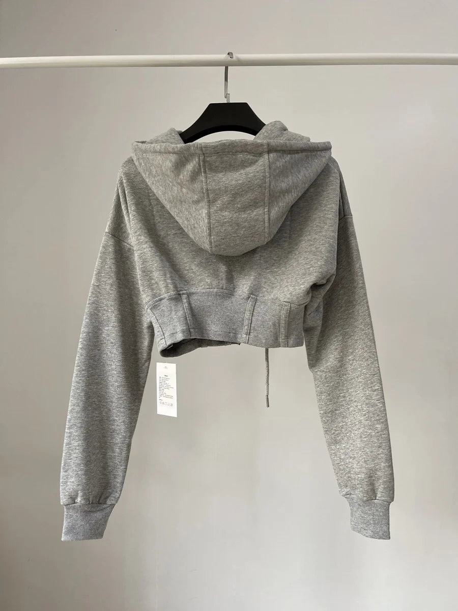 Spicy Girl Retro  Color Hoodie Women's Ultra-Short Waist-Cinching Belly-Baring Long-Sleeve Open Cardigan Top Coat