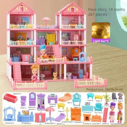Creative 3D Doll House Set Miniature Furniture Toy Gift Role Play Toys with LED Lighting Villa House Girl