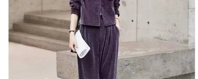 Fashionable Corduroy Set Women's Autumn Winter New Style Elegant Lady Fragrance Wind Coat Wide Leg Pants Two Piece Suit